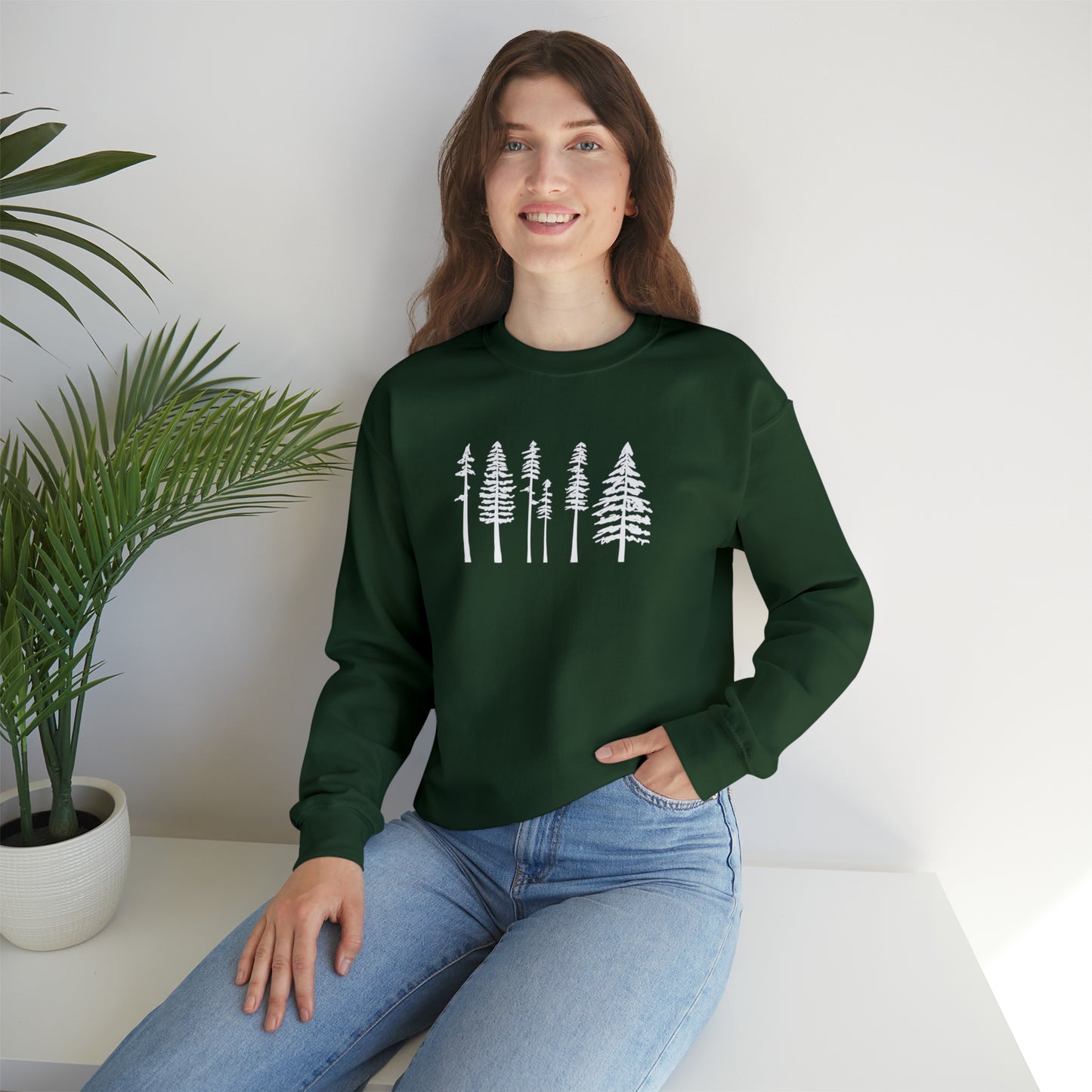 Pine Trees Sweater, Cotton Crewneck Sweater, Winter Sweatshirt, Womens Sweatshirt