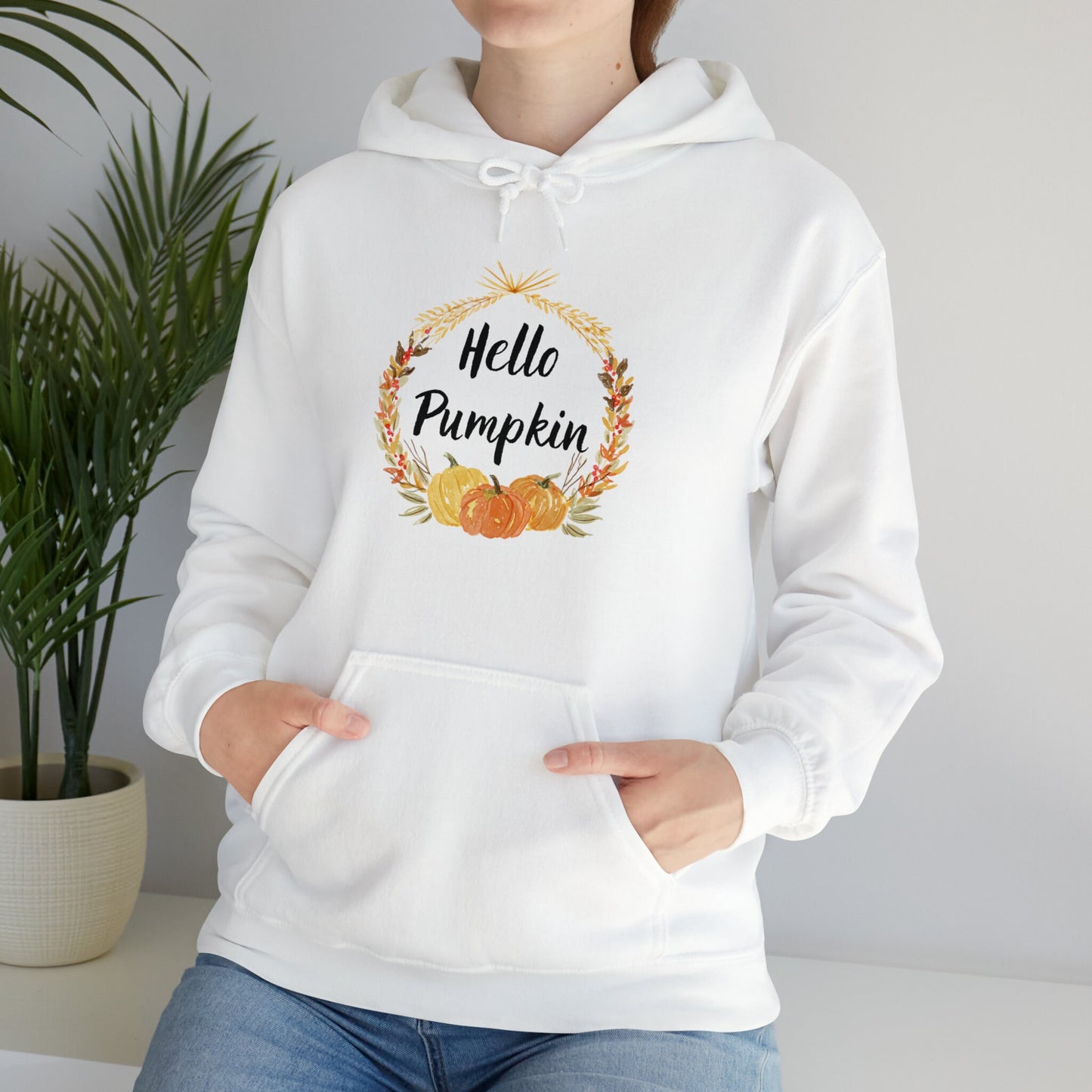 Hello Pumpkin Hooded Sweatshirt, Autumn Hoodie, Fall Aesthetic Sweatshirt, Long Sleeve Sweatshirt EUR